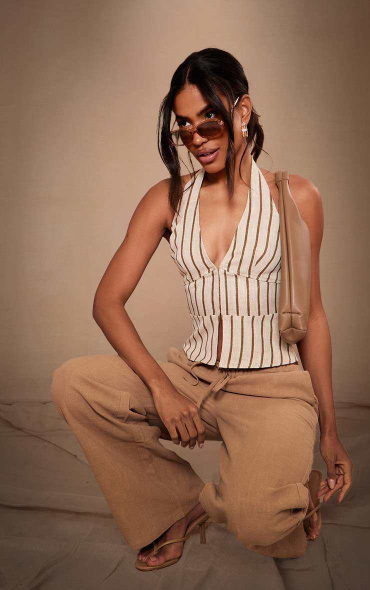Beige Stripe Structured Linen Look Halter Top | PrettyLittleThing UK