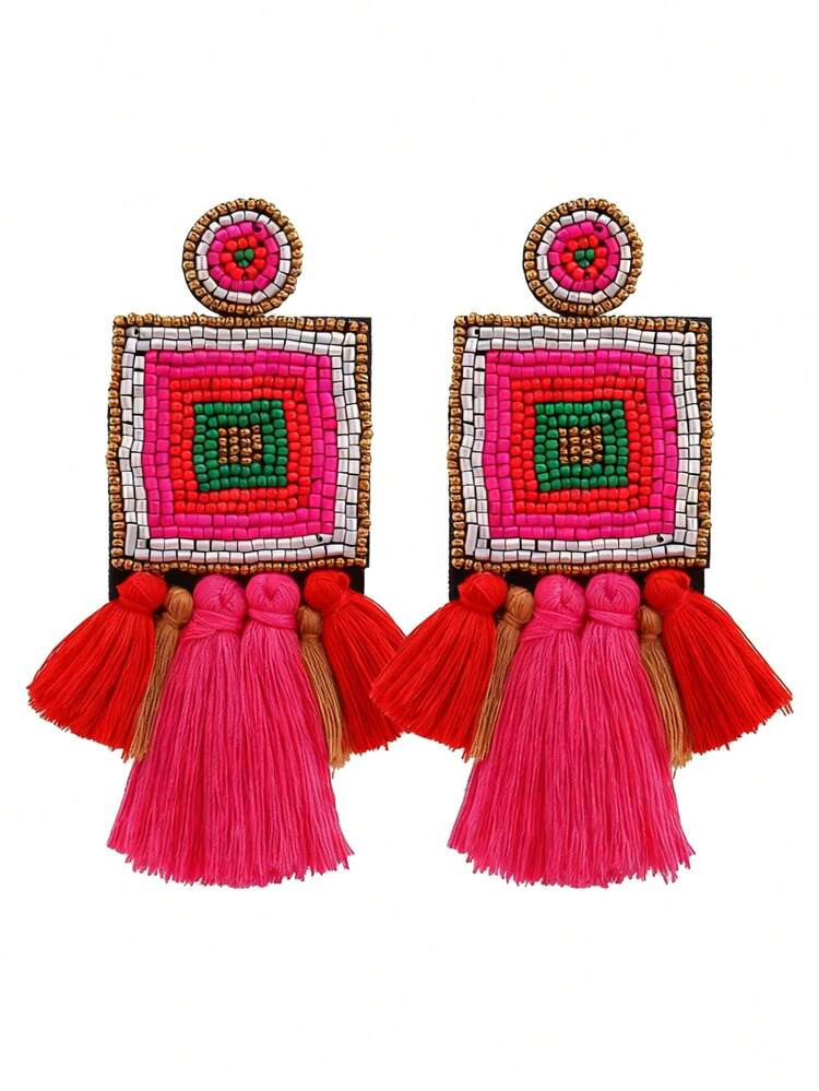 Sehuoran 1 Pair Boho Style Handmade Beaded Multi-Layer Square Tassel Dangle Earrings For Women, Mixed Color Brand Design Wedding Tassel Earrings, Jewelry Gift, Champagne Earrings | SHEIN