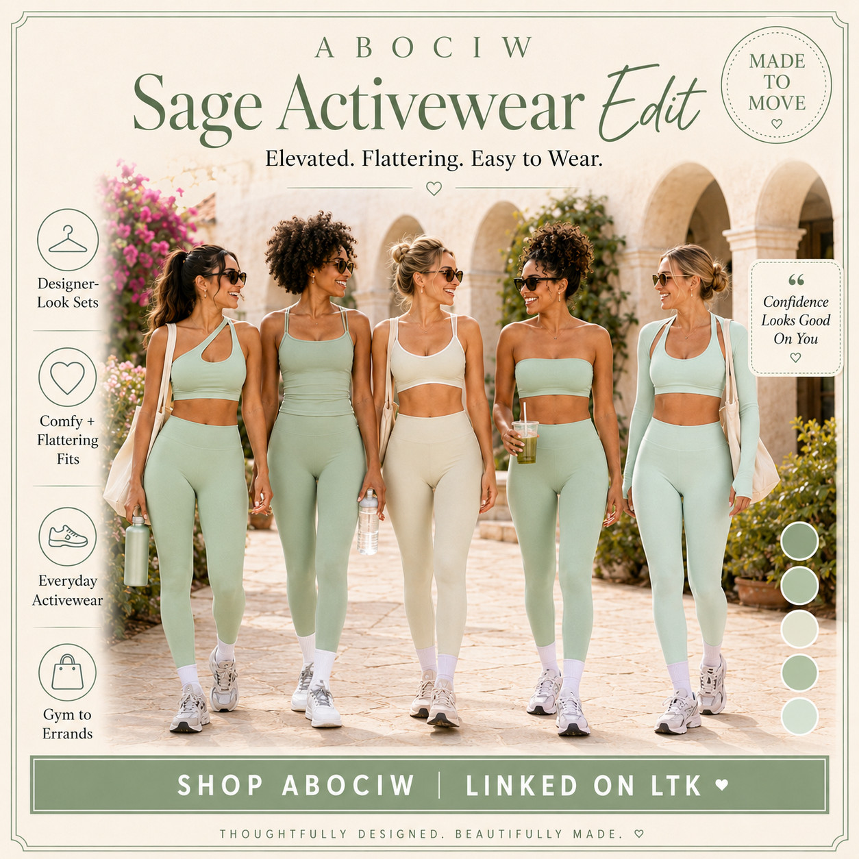 ABOCIW Elevated Athleisure | Sage Green Edit

The sage activewear lineup that makes everyday outfits feel elevated, flattering, and effortless!

These ABOCIW activewear sets are perfect when you want that designer-look athleisure vibe without having to overthink the outfit. 

The soft sage color story feels fresh and expensive-looking, the matching set styling makes everything feel instantly pulled together, and the fitted silhouettes are made for that comfy-but-flattering look you can actually wear all day.

This is the edit to check first for gym days, errands, coffee runs, travel days, walks, Pilates, casual weekends, school drop-off, athleisure outfits, and those “I want to look cute but still be comfortable” moments. 

It solves the biggest activewear problem: finding sets that feel practical enough to move in but polished enough to wear out.

I love that these pieces can go from workout to errands to lunch with just sneakers, a tote, sunglasses, or a light layer. 

Same easy activewear feel, but styled enough to make the whole look feel intentional.

I pulled together the sage styles worth checking first so you can skip the scroll and go straight to the sets that feel the most wearable, flattering, and easy to rewear.

📌 SAVE this for elevated activewear outfits, gym-to-errands looks, and sage green sets that make getting dressed feel effortless.

↓ Everything is linked!

#LTKActive #LTKSaleAlert #LTKTravel