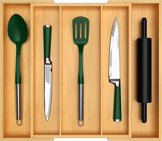 Luxury Bamboo Kitchen Drawer Organizer - Expandable Utensil Organizer for Drawer - Utensil and Si... | Amazon (US)