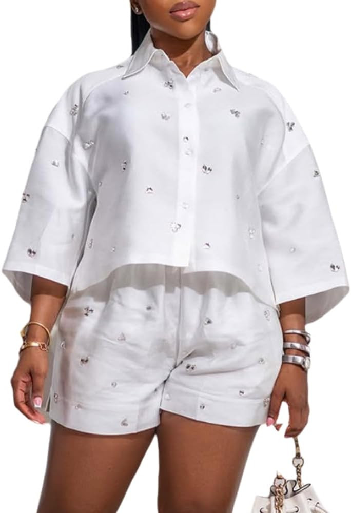 Summer Casual Women's 2 Piece Outfit 3/4 Sleeve Shirt Crop Top High Waist Shorts White Set Rhines... | Amazon (US)