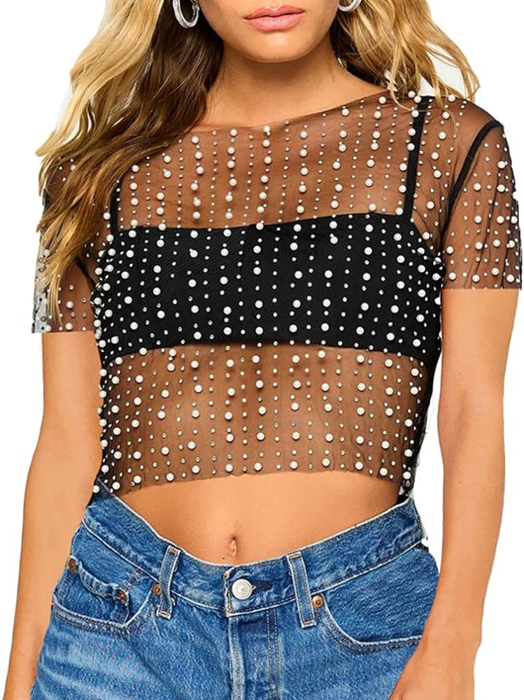 Naileksi Women Pearl Rhinestone Sheer Mesh Crop Tee Top Sexy See Through Short Sleeve Slim Fit Cr... | Amazon (US)