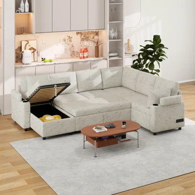 109.9" Sectional Sofa Versatile Convertible Sleeper Sofa Bed U-Shaped Couch With Storage Chaise, Two Cup Holders And Charging Ports | Wayfair North America