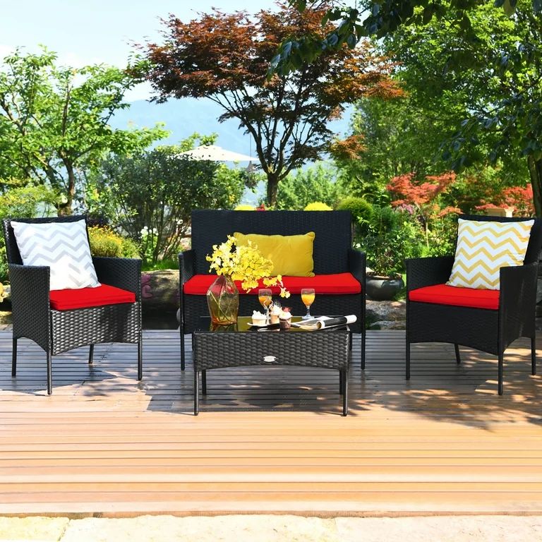 Costway 4PCS Rattan Patio Furniture Set Cushioned Sofa Chair Coffee Table Red | Walmart (US)