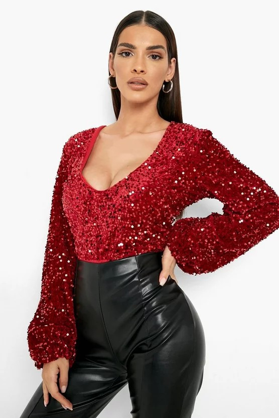 Sequin Volume Sleeve Plunge Bodysuit | Boohoo.com (US & CA)