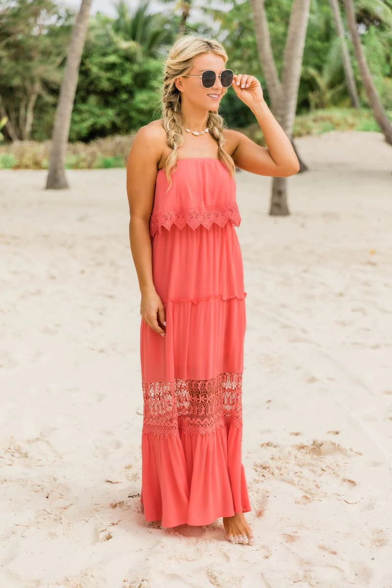 Never In A Hurry Coral Maxi Dress | The Pink Lily Boutique