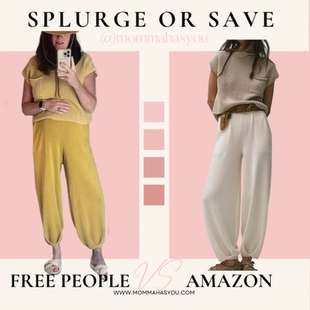 Popular splurge or save on the free people freya set versus Amazon. A two piece sweater knit set perfect for cool days and nights in the summer. High wasted lounge pants with matching knitted sleeveless top. Great maternity bump friendly outfit.  Runs a little long in the pants size true to size or size down if inbetween.  FP freya dupe - i size down. Amazon- tts. (Typically i wear a medium). Major fraction of the price find  

#LTKunder50 #LTKbump #LTKcurves