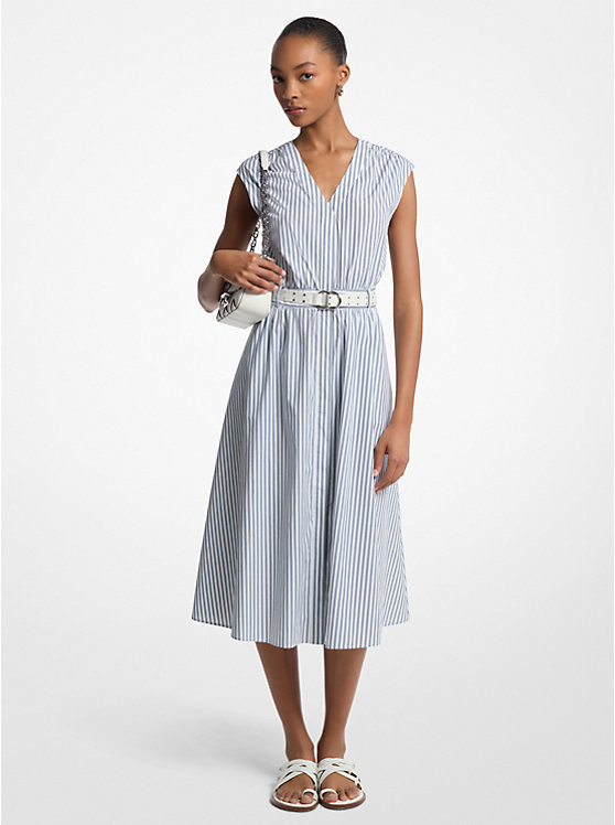 Striped Cotton Poplin Belted Midi Dress | Michael Kors US