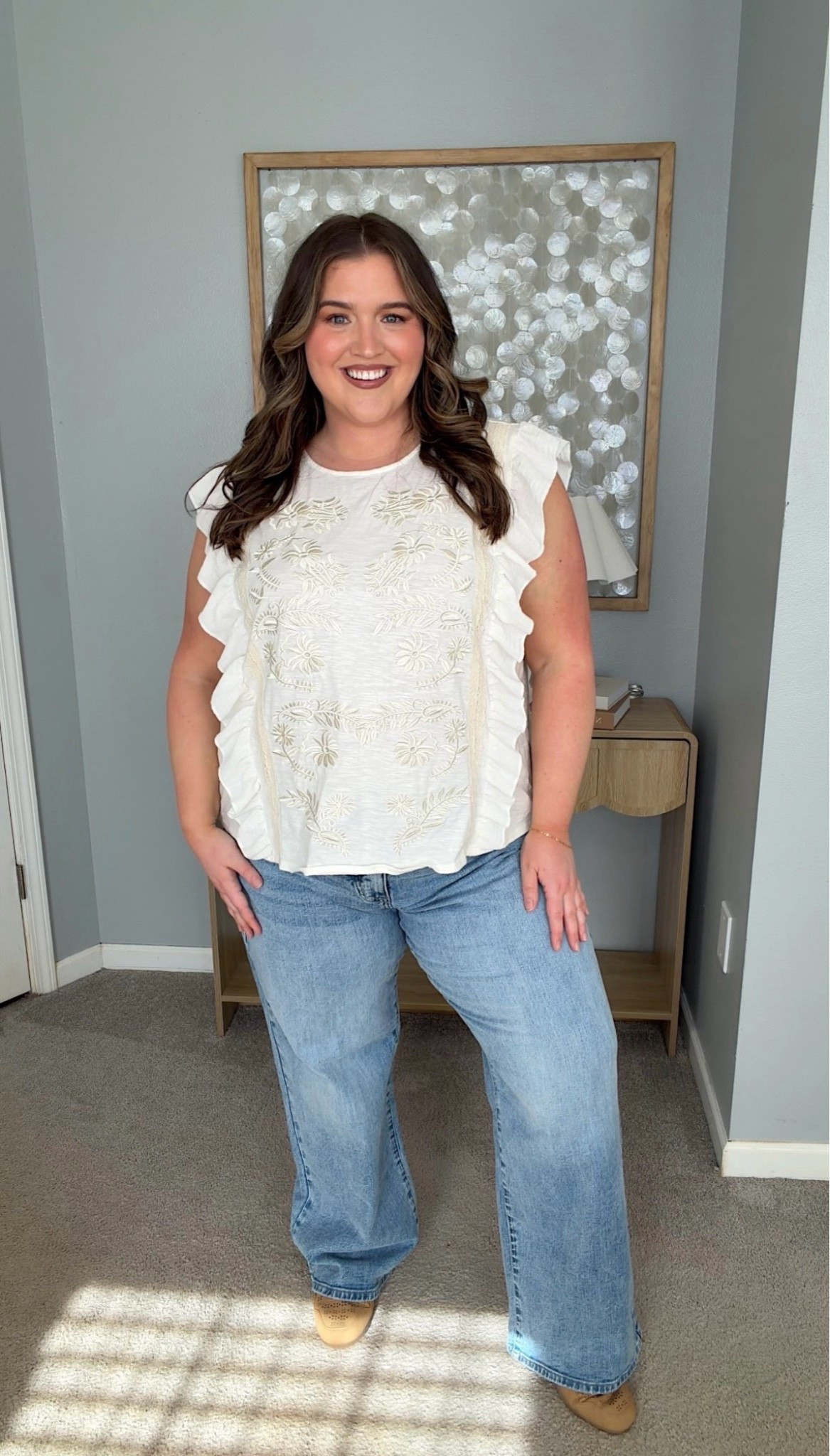 Maurices has  some of the best spring and summer clothes that are giving boutique chic without the boutique price tag. This white 🤍floral embroidered top is absolutely gorgeous for summer. I am loving the summer vibes it’s giving with these light wash jeans and neutral sneakers. This look is plus size friendly and super comfortable. 
Blue and white outfit inspo, ruffle sleeve tank top

#LTKPlusSize #LTKSaleAlert #LTKSeasonal