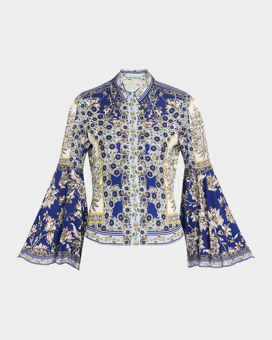 Alice + Olivia Willa Forevermore Fitted Bell-Sleeve Placket Top | Neiman Marcus