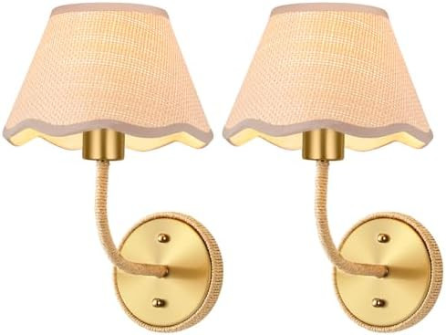 KUSSCO Boho Hand Woven Rattan Wall Sconces Set of Two Gold Rustic Wall Lamp with Grass-Woven Lamp... | Amazon (US)
