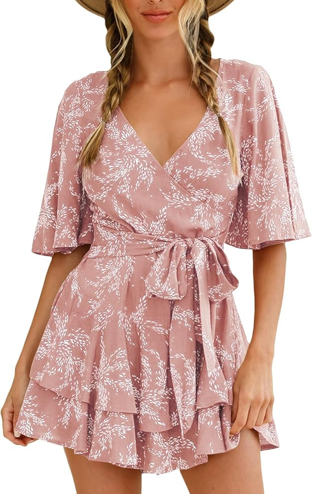 Relipop Women's Romper Floral Print V Neck Baggy Sleeve Waist Tie Layered Ruffle Hem Short Casual... | Amazon (US)