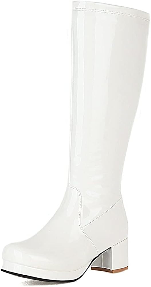 Women's Fashion Knee High Boots, Round Toe Slim Chunky Mid Heel Platform Costume Mid Calf Go Go Boot | Amazon (US)