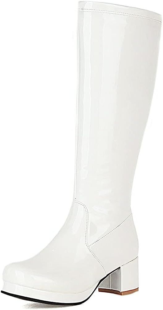 Women's Fashion Knee High Boots, Round Toe Slim Chunky Mid Heel Platform Costume Mid Calf Go Go Boot | Amazon (US)