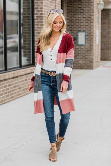 Considerate Heart Burgundy Striped Duster Cardigan CLEARANCE | The Pink Lily Boutique