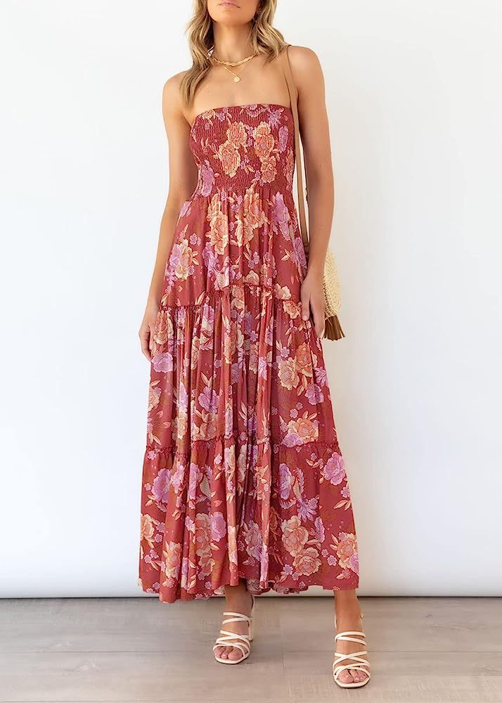 ZESICA Women's Summer Bohemian Floral Printed Strapless Beach Party Long Maxi Dress | Amazon (US)