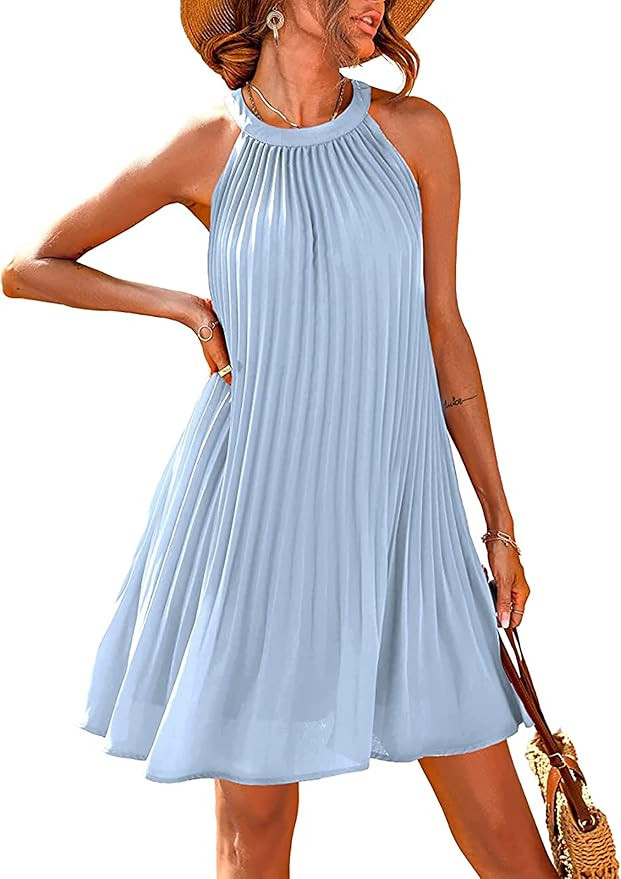 PRETTYGARDEN Women's Cute Halter Neck Sleeveless Mini Dress Solid Color Flowy Pleated Beach Dress... | Amazon (US)