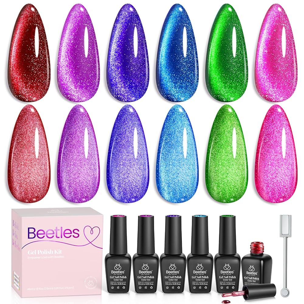 Beetles Cat Eye Gel Nail Polish, 6 Colors Summer Cat Eye Glitter Gel Polish Set Neon Red Pink Pur... | Amazon (US)