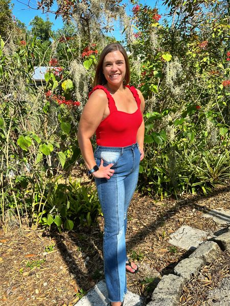 These high-rise patchwork flare jeans are my new favorite - soft, comfortable and cute. They fit true to size for me. 

This ruffled ribbed bodysuit with a sweetheart neckline is a feminine and flattering summer top. 

#LTKSeasonal #LTKunder50
