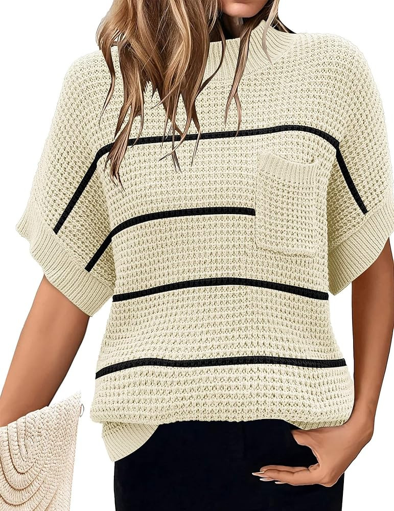 Women 2024 Sweater Vest Mock Neck Batwing Short Sleeve Oversized Ribbed Knit Tops Fall Pullover S... | Amazon (US)