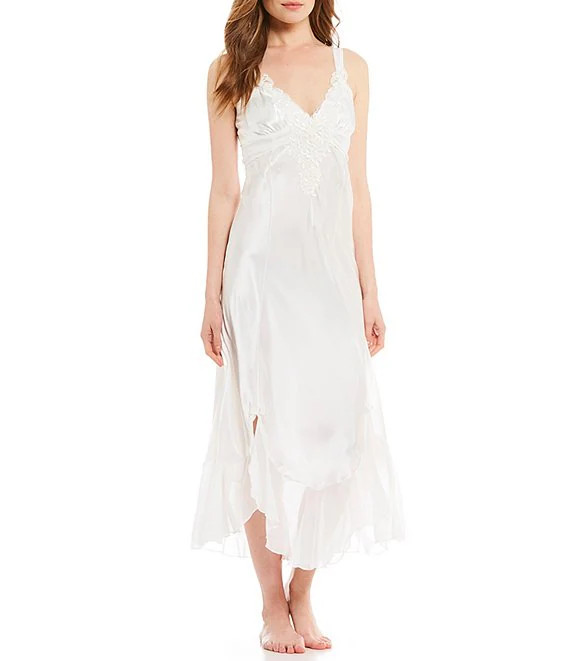 Bridal Lace Trim Deep V-Neck Sleeveless Ruffle Hem Nightgown | Dillard's
