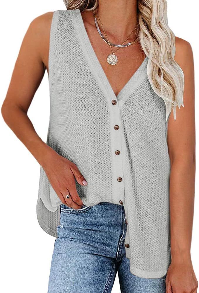 Womens V Neck Tunic Tank Tops Button Down Sleeveless T Shirts Waffle Knit Cami Tees | Amazon (US)