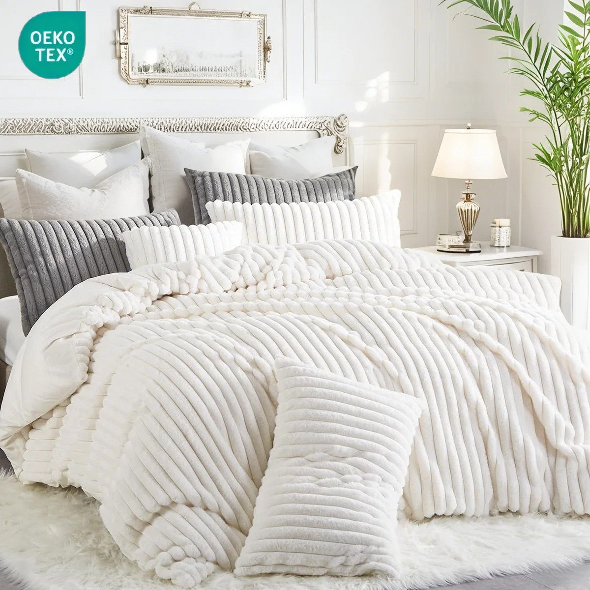 JOLUSERE Creamy White Fluffy Striped Duvet Cover Queen Set, 3-Piece Super Soft Faux Rabbit Fur Wi... | Walmart (US)