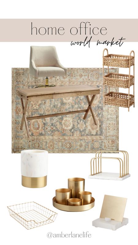 Home office furniture and decor. Wood desk. Office chair. Rattan shelves. Pencil holder. Paper holder. Phone stand. Paper tray. Gold accents. Area rug  

#LTKsalealert #LTKhome