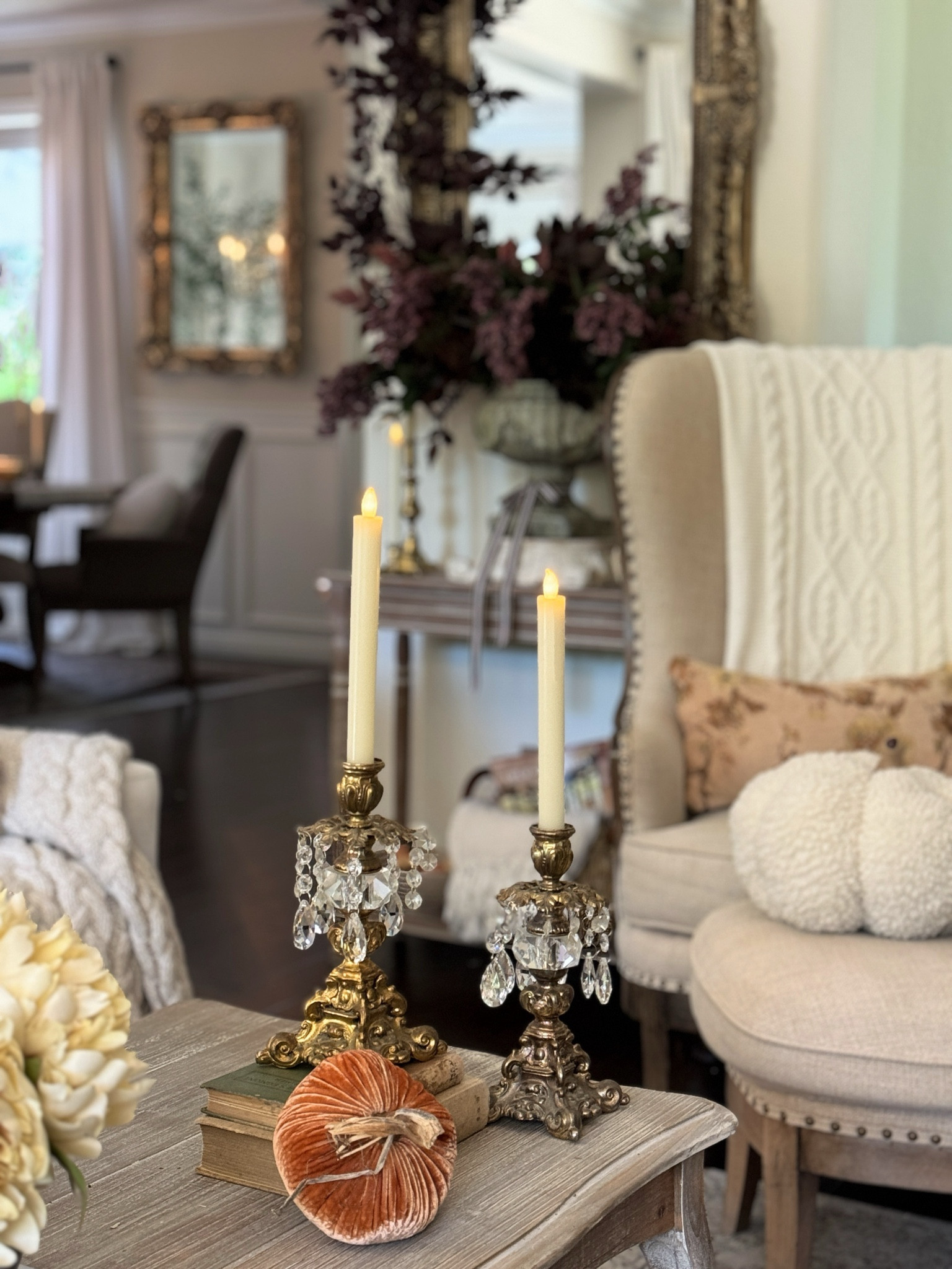 A touch of glam with vintage brass and crystal Hollywood Regency candlesticks that I found on EBay. I found some similar styles below.

#falldecor 

#LTKHome