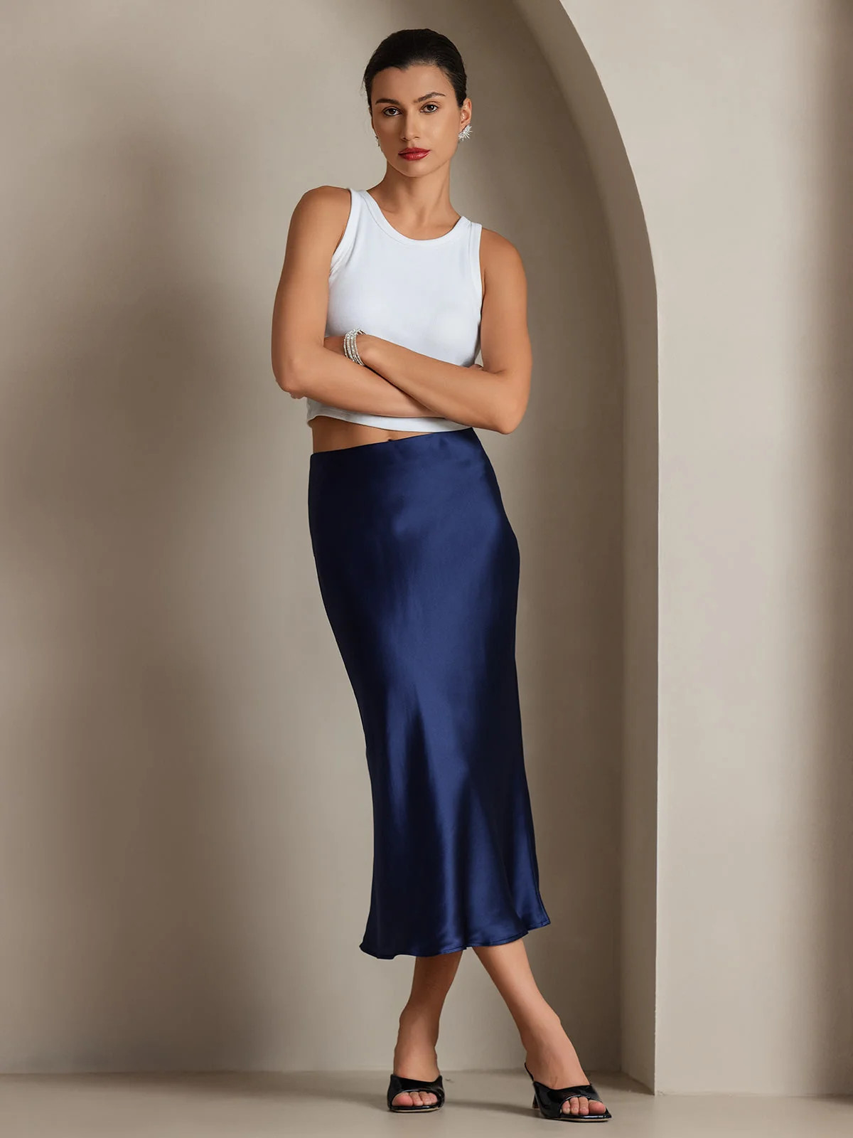 100% Mulberry Silk Stretch Long Straight Skirt | SilkSilky