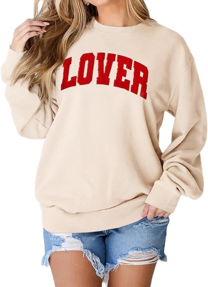 IZYJOY Women Valentine Sweatshirt Glitter LOVER Letter Chenille Patch Shirt Crewneck Long Sleeve ... | Amazon (US)