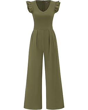 PRETTYGARDEN One Piece Jumpsuits For Women Dressy Ruffle Cap Sleeve V Neck Ribbed Knit Wide Leg R... | Amazon (US)