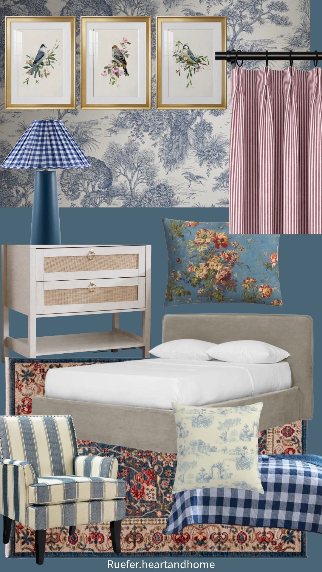 Guest bedroom design board…nightstand, table lamp, pillows, striped custom curtains, toile wallpaper, framed bird art, striped chair, upholstered chair, rug, floral shams 

#LTKSeasonal #LTKHome #LTKSaleAlert