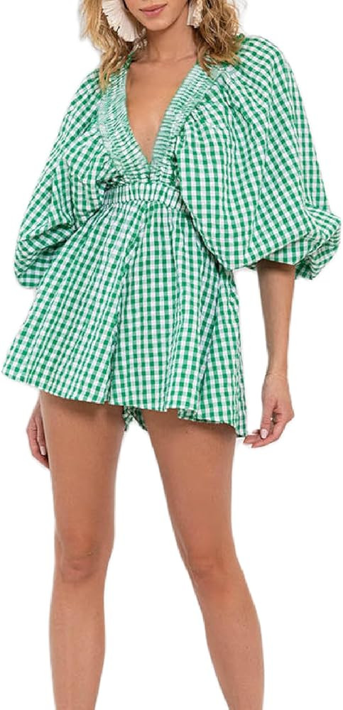 Women Summer Casual Short Tee Romper Deep v Neck Long Puff Sleeve Plaid Playsuit Oversized Jumpsu... | Amazon (US)