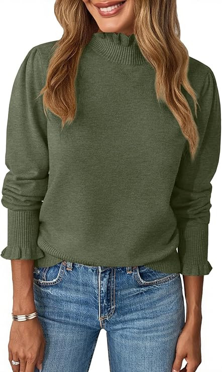 UNCLECAT Womens Ruffle Mock Neck Sweater Casual Puff Long Sleeve Fall Knit Trendy Pullover Sweate... | Amazon (US)