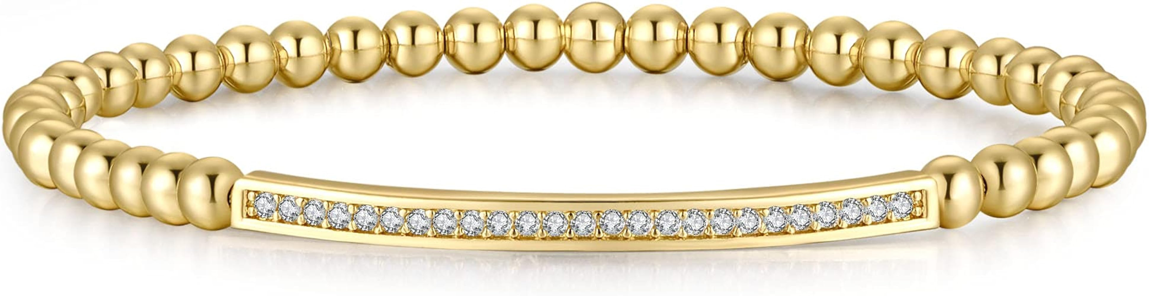 NUZON 4MM Gold Beaded Chain Bracelet for Women Dainty 18K Gold Plated CZ Curved Bar Bracelet Stre... | Amazon (US)