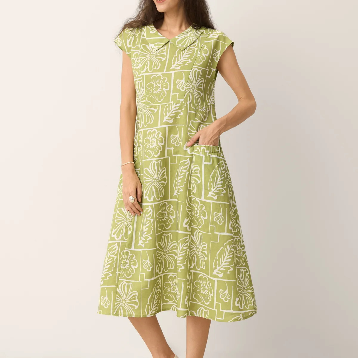 Linen Geometric Floral Peter-Pan Collar Midi Dress FABIENNE | LINTICO