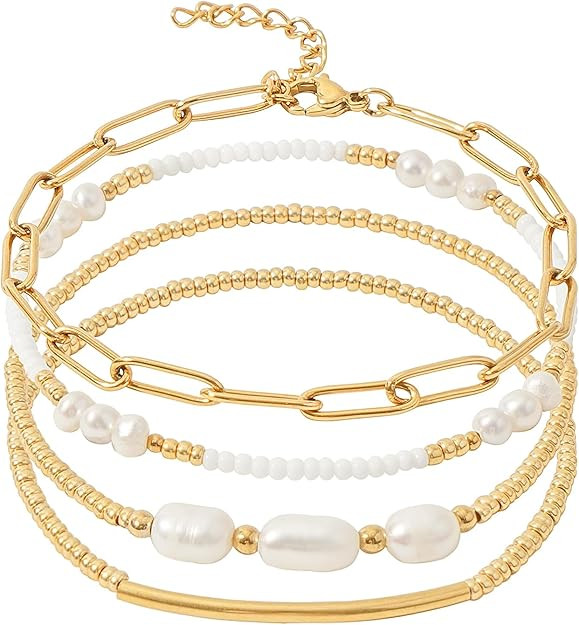 Gold Pearl Beaded Bracelets for Women Stackable Set, Elegant Delicate Paperclip Link Stretch Chai... | Amazon (US)
