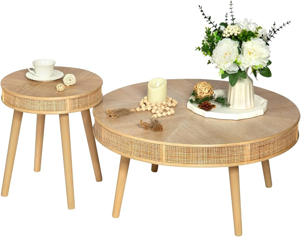 RUSTOWN 2-Piece Farmhouse Coffee Table, Modern Rustic Sofa Side Tea Tables, Solid Wood Finish with Crafted Rattan Side and End Table Sets for Living Room (Natural) | Amazon (US)