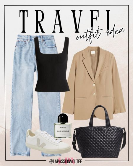 Achieve a casual yet polished travel look with this outfit: a single-breasted jacket over a tank top paired with high-rise jeans. A spacious tote bag and comfortable sneakers complete this versatile and stylish ensemble, perfect for exploring new destinations.

#LTKStyleTip #LTKSeasonal #LTKTravel
