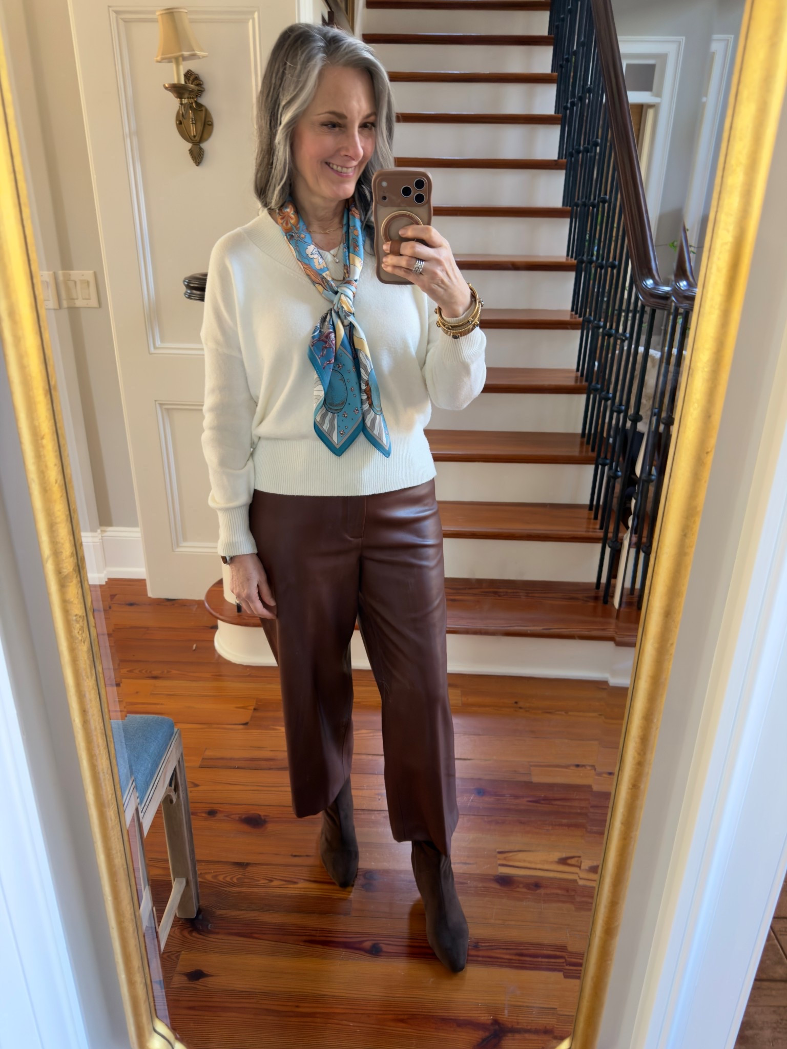 Shopped my closet for my church outfit! I’ve linked similar brown faux leather pants (mine from Chico’s several years ago), cream v neck sweater and faux suede brown booties. A scarf completes the look! 



#LTKOver40 #LTKSeasonal #LTKgrwm