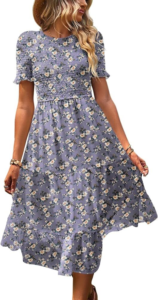 YESNO Women's Summer Causal Short Sleeve Smocked Dress Elastic Waist Tiered Midi Dress with Pocke... | Amazon (US)