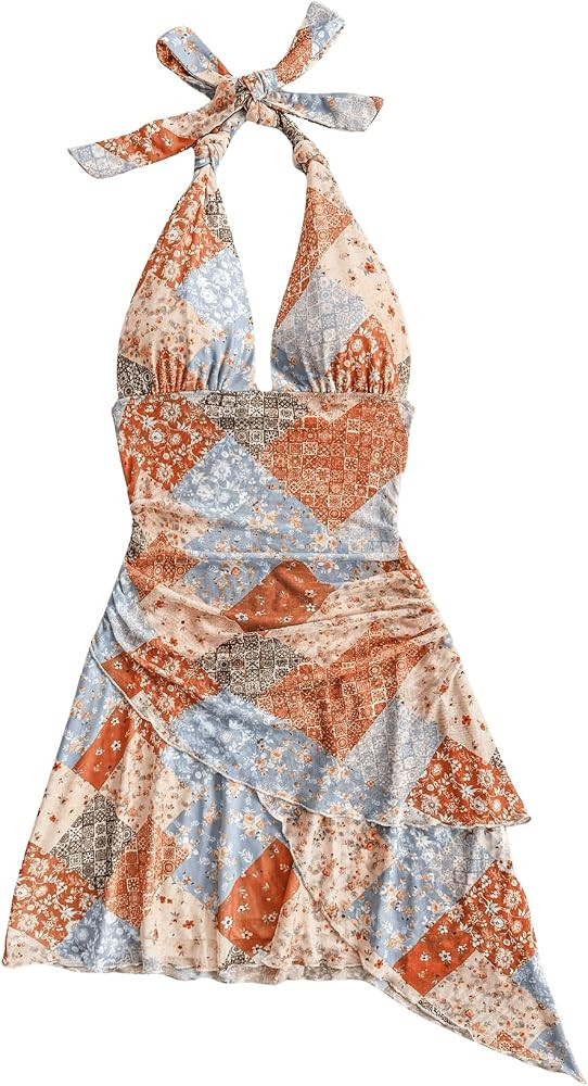 MakeMeChic Women's Floral Plaid Print Halter Asymmetrical Ruffle Tiered Summer Short Dress | Amazon (US)