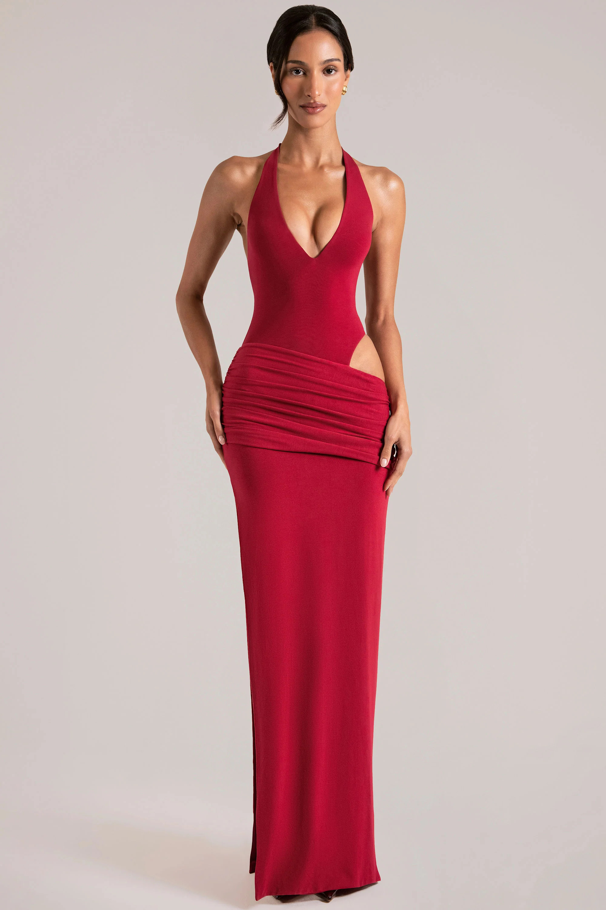Deep Plunge Halterneck Maxi Dress in Cherry Red | Oh Polly