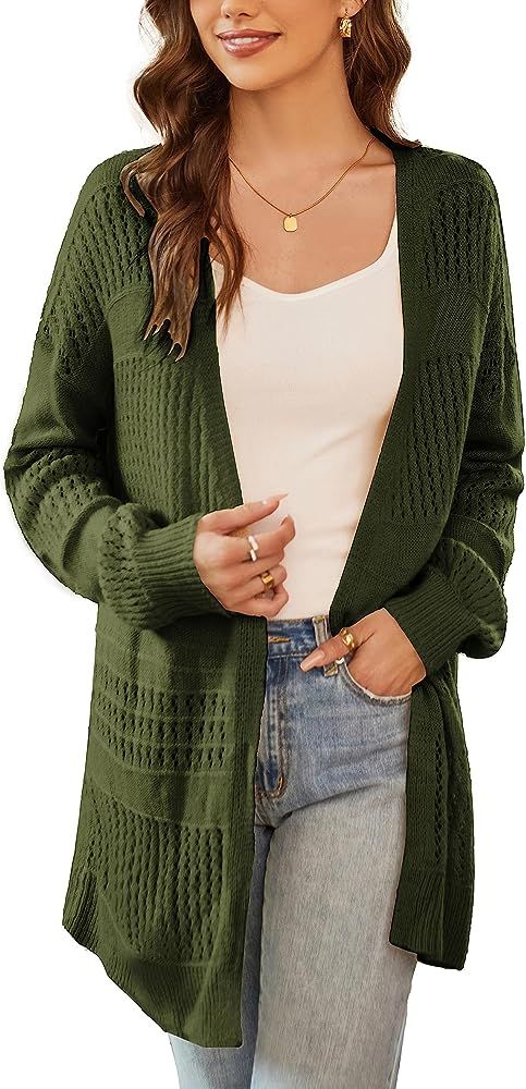 Women's Long Sleeve Cardigan V-Neck Hollow Out Sweater Open Front Casual Outwear | Amazon (US)