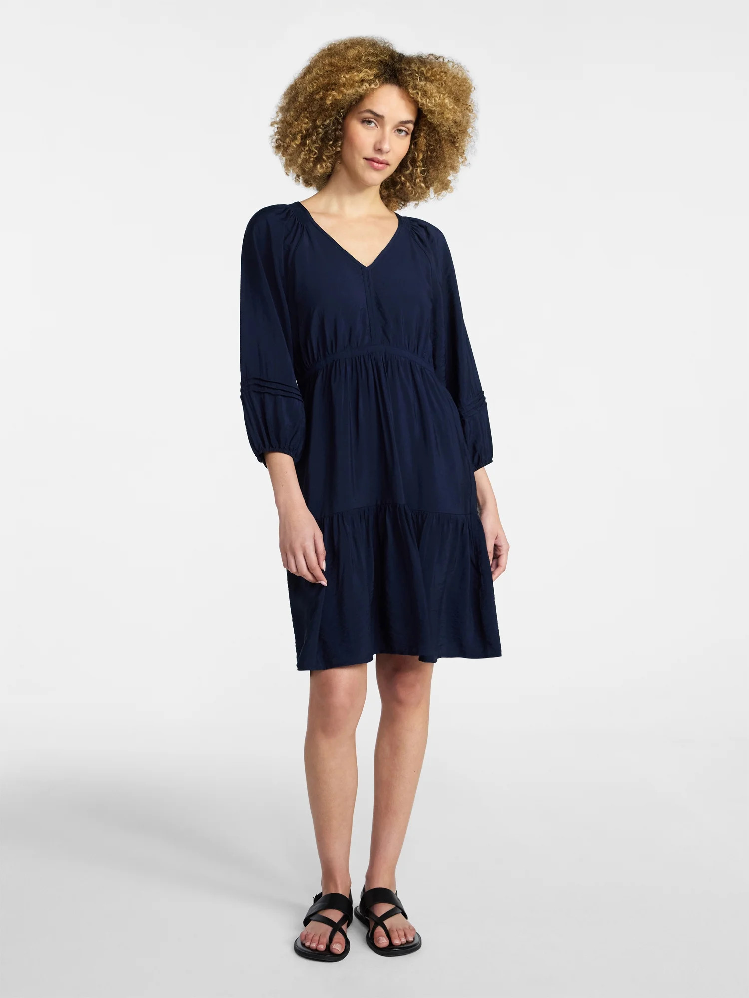 Time and Tru Women's Tiered Mini Dress with ¾ Sleeves, Sizes XS-XXXL | Walmart (US)