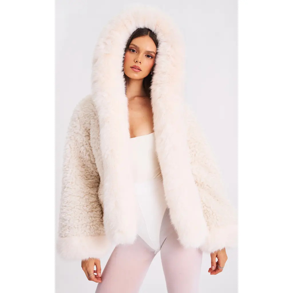 Miss Circle Jumbo Kali Vegan Shearling Fur Trimmed Coat in White at Nordstrom, Size Small | Nordstrom
