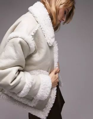 Topshop faux leather cropped car coat with faux fur trims in white | ASOS (Global)