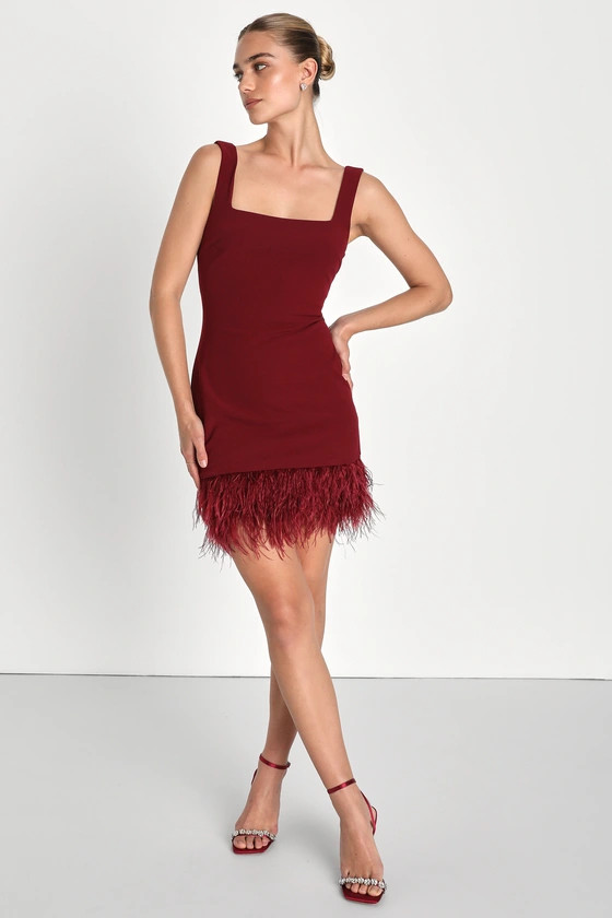 Fun Fantasy Burgundy Sleeveless Feather Bodycon Mini Dress | Lulus (US)