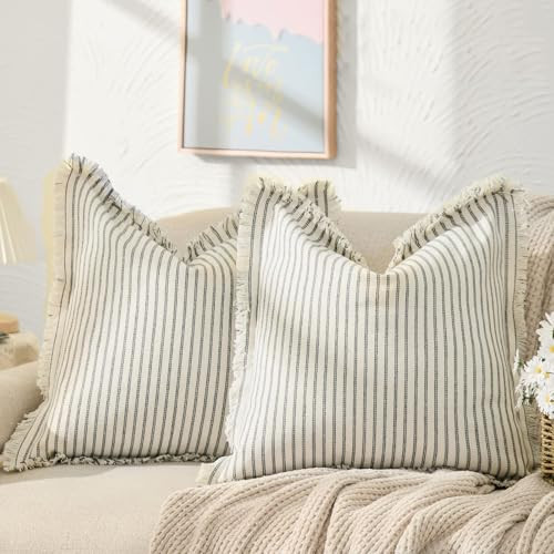 ZWJD Throw Pillow Covers 18x18 Set of 2 Striped Pillow Covers with Fringe Chic Cotton Decorative Pillows Square Cushion Covers for Sofa Couch Bed Living Room Farmhouse Decor, (Gray) | Amazon (US)